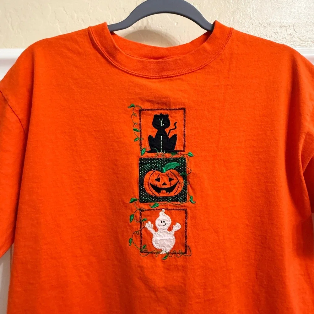 Anvil Vintage Embroidered Halloween Stacked Trio Crew T Shirt, Orange,L